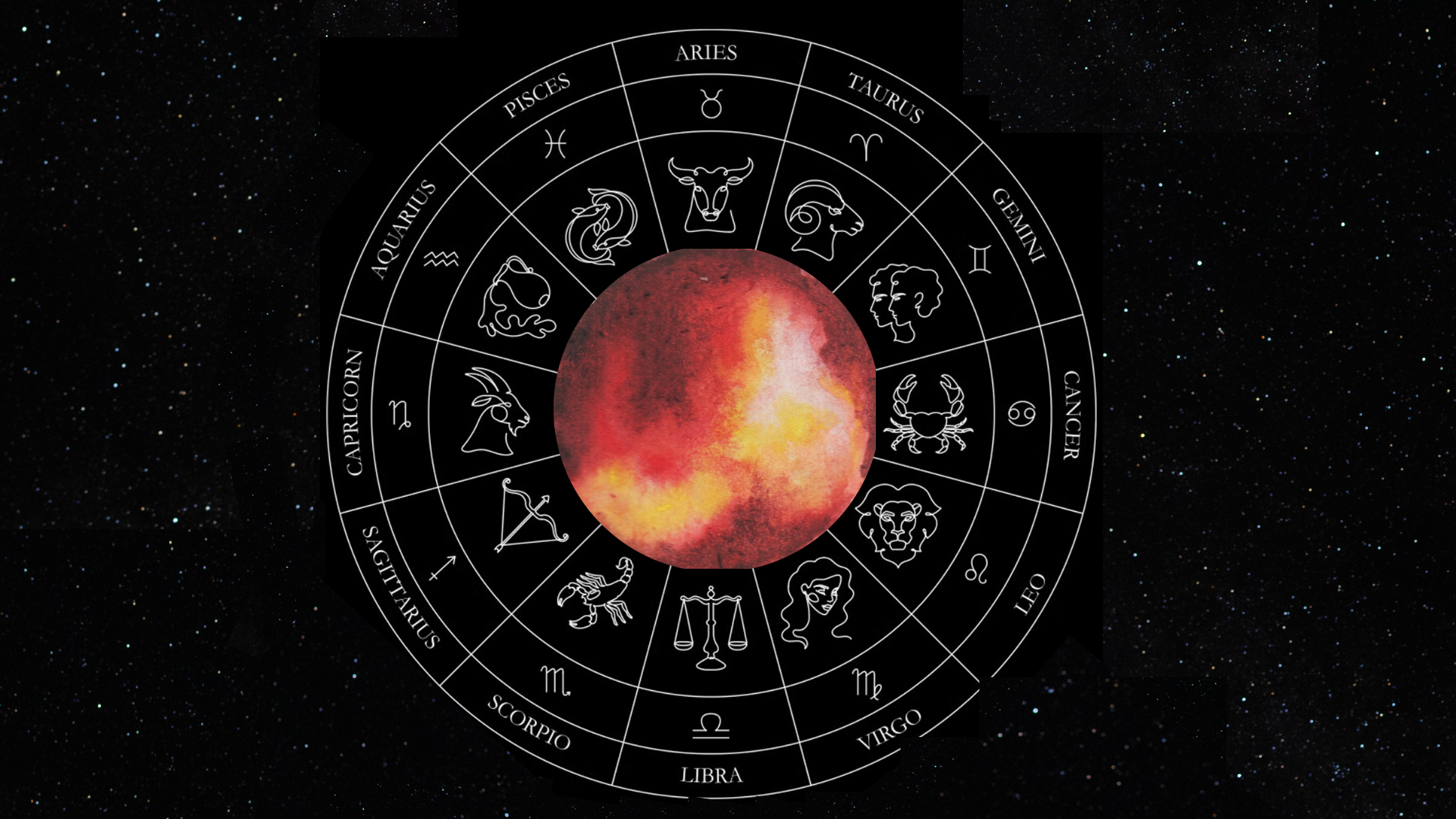 A circular zodiac wheel against a starry space background, featuring a fiery orange and red sun at the center. The wheel is divided into twelve segments, each containing a white line-art illustration, the corresponding name, and the astrological symbol for each zodiac sign, starting with Aries at the top.