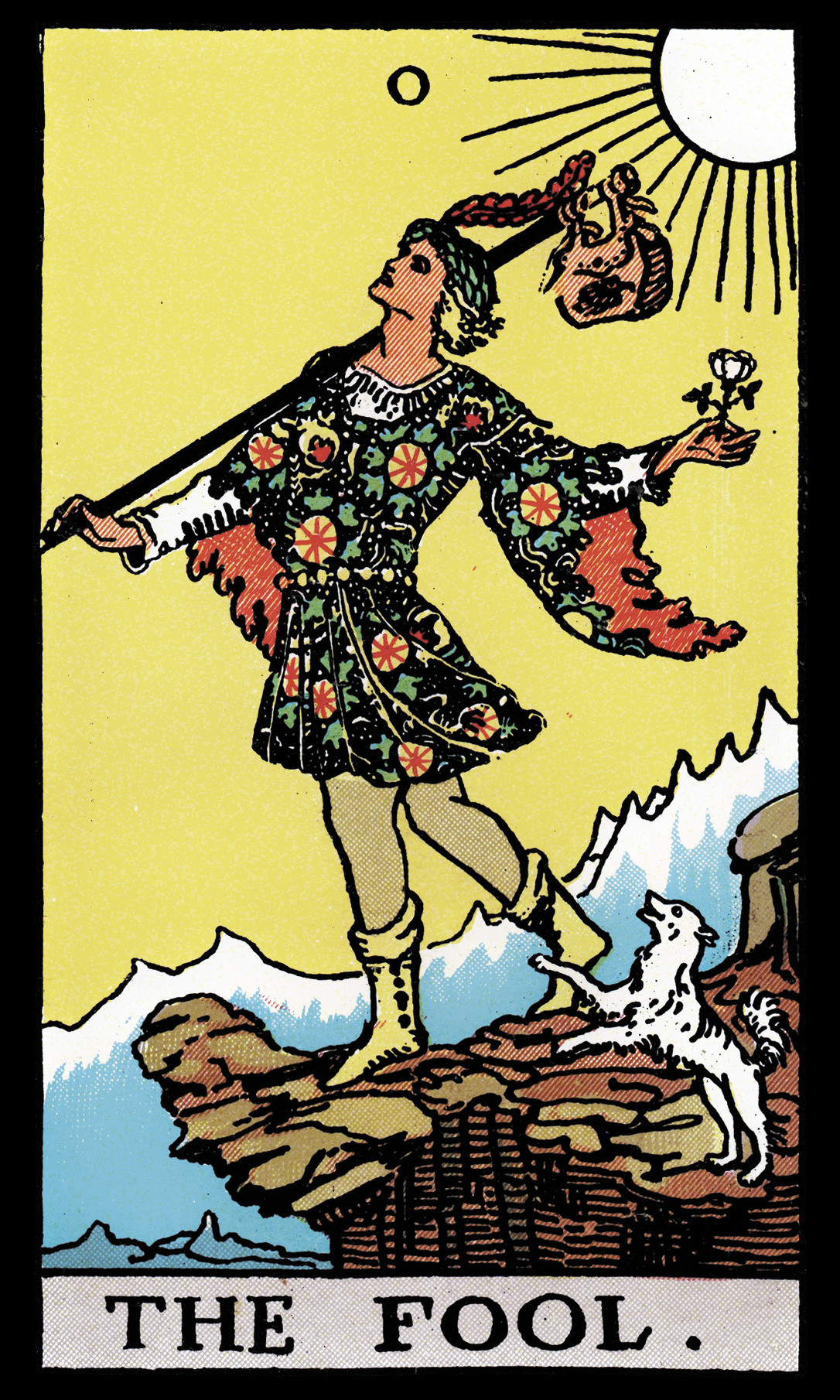 The Fool tarot card showing a young man in a colorful tunic walking toward a cliff's edge. He carries a white rose and a bundle on a stick, with a small white dog at his feet and a bright sun above.