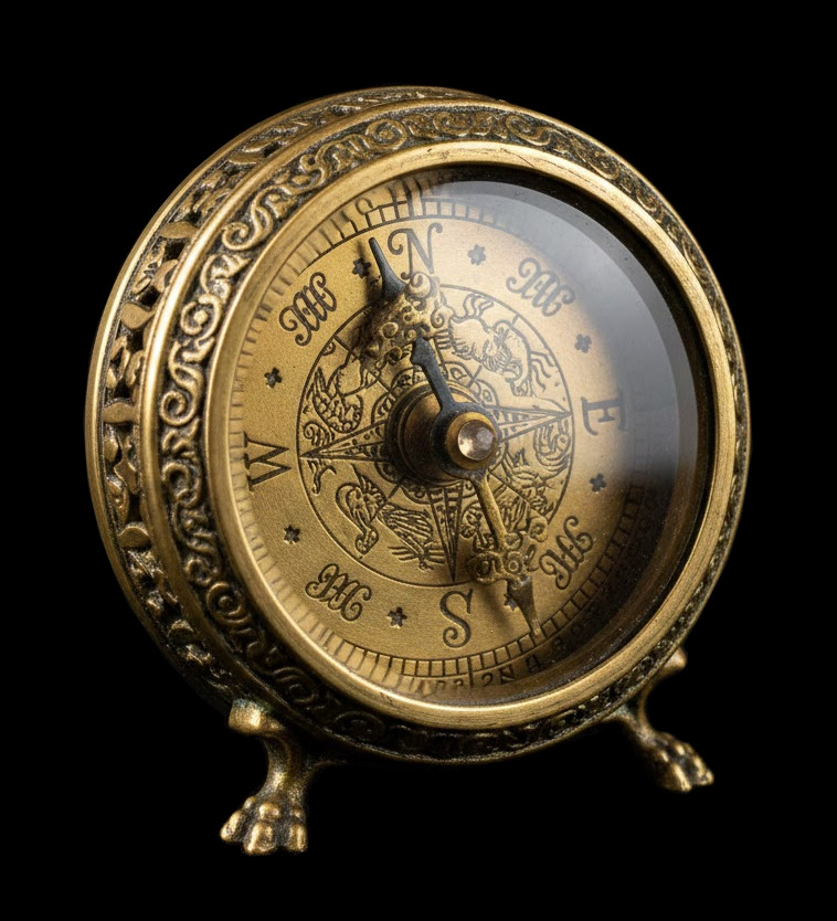 An ornate, antique-style brass compass with intricate engravings, standing on small clawed feet against a solid, deep black background.