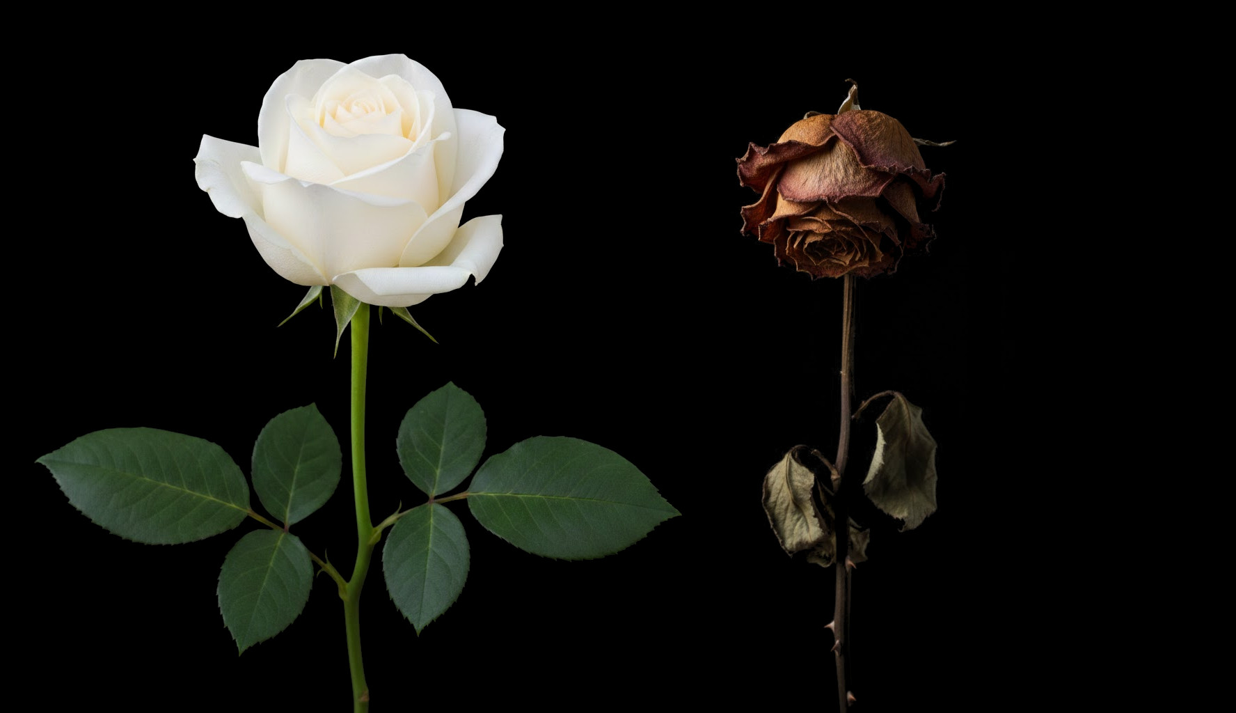 A side-by-side contrast of two roses against a solid black background: a vibrant, fresh white rose with green leaves on the left, and a dried, withered brown rose on the right.