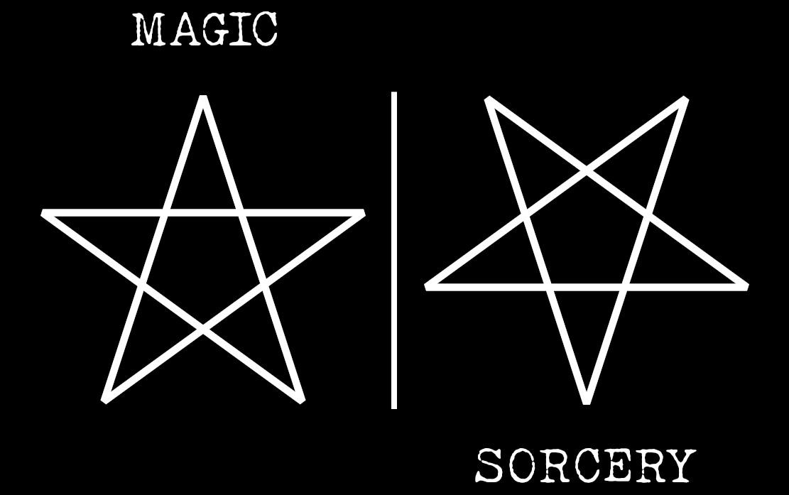 A graphic split into two sides by a vertical white line against a black background: the left side displays a standard five-pointed star labled 'Magic', and the right side displays an inverted five-pointed star labled 'Sorcery'.